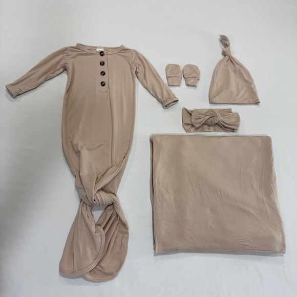 Lou Lou & Co Newborn Bundle Knotted Gown Set Tan 5-Piece Gender Reveal Neutral